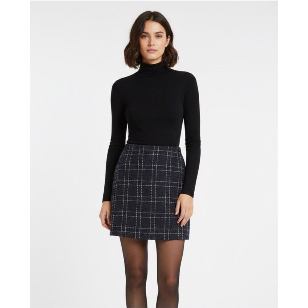 Forever 21 Tweed Mini Skirt Womens 8 Navy Blue White Grid Plaid Preppy Academia